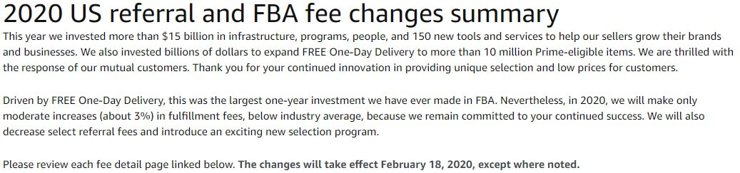 Amazon's 2020 FBA fee statement