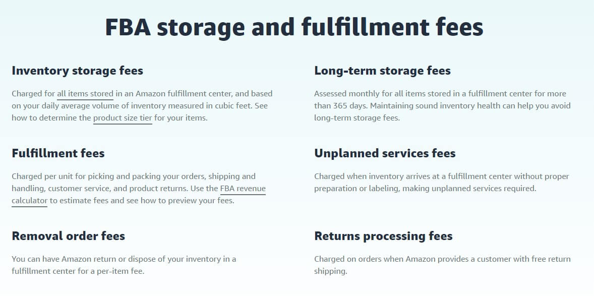 FBA storage and fulfillment fees