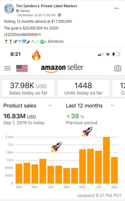 tim showing off his September 2020 sales on facebook