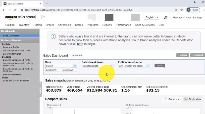 tim sanders shows his sales on his amazon seller central dashboard in 2020