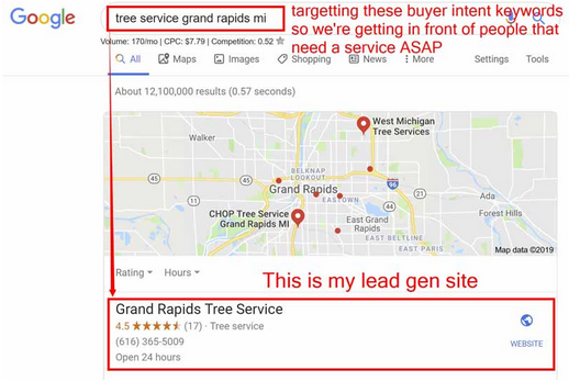 lead gen organic rankings for tree service