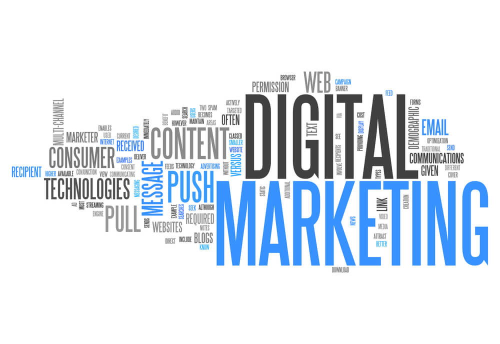 black & blue word cloud for digital marketing