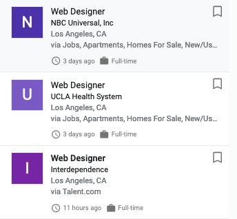 web designer opening at universal studios & UCLA health on google search