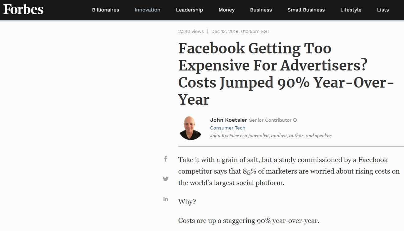 FB Ad Costs 90 percent yearly increase